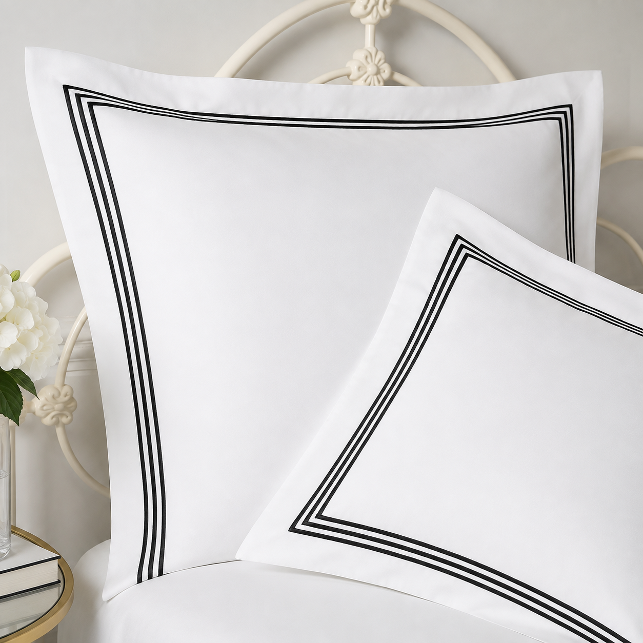 Milano Egyptian 800 fil coton - blanc avec cordon noir à trois rangées - taie d'oreiller