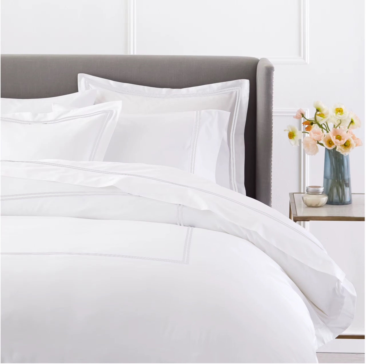 PIMA 750 Fil Satin de Coton avec 2 rangs Cordon Blanc - Housse de couette