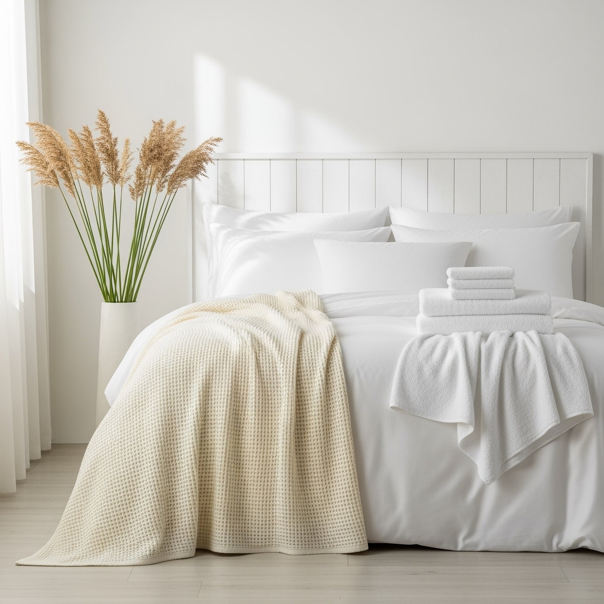 King of Cotton bed with white bedding and a cream waffle throw blanket, accompanied by a vase of pampas grass.