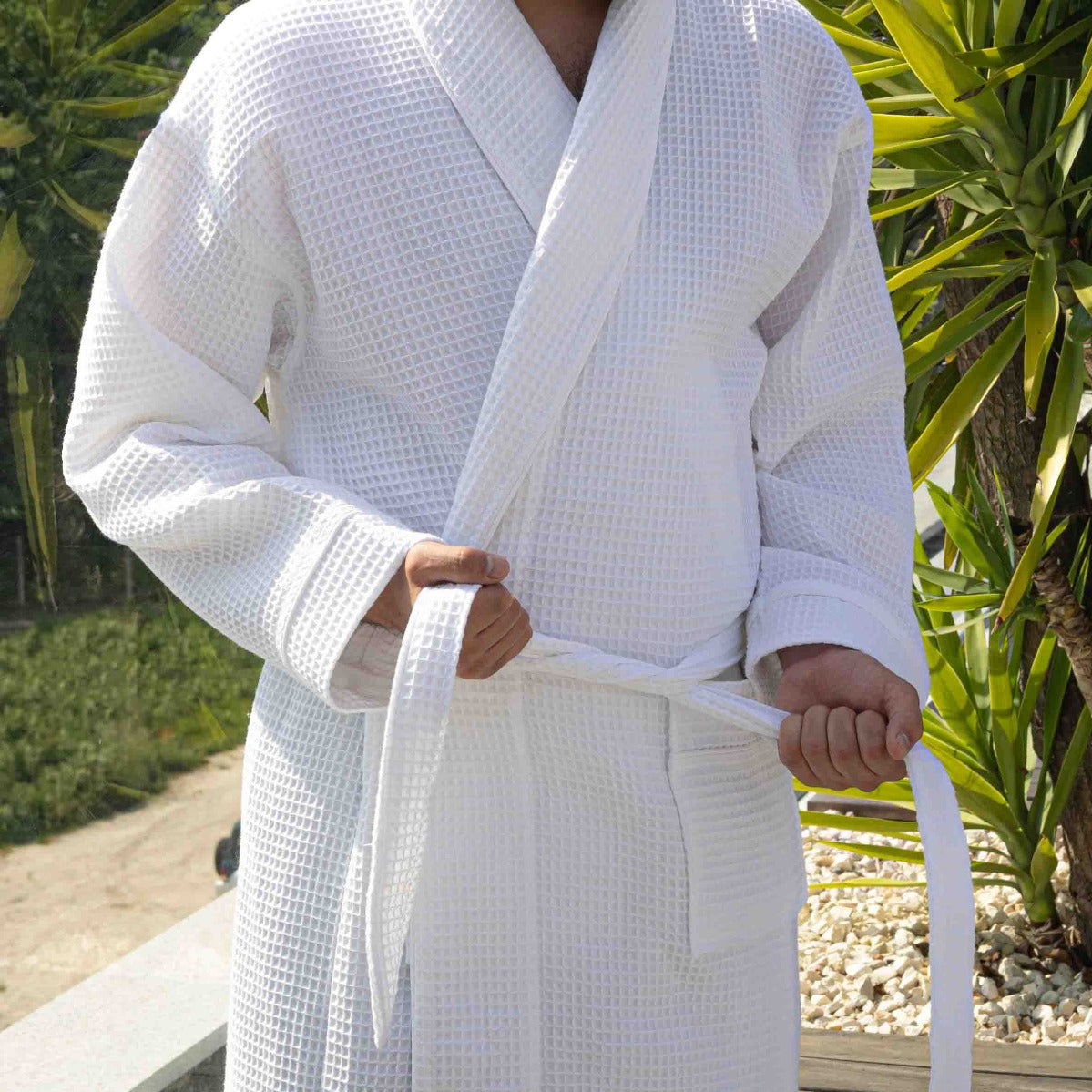 Piping White Cotton Dressing Gown Executive Piped Cotton Waffle