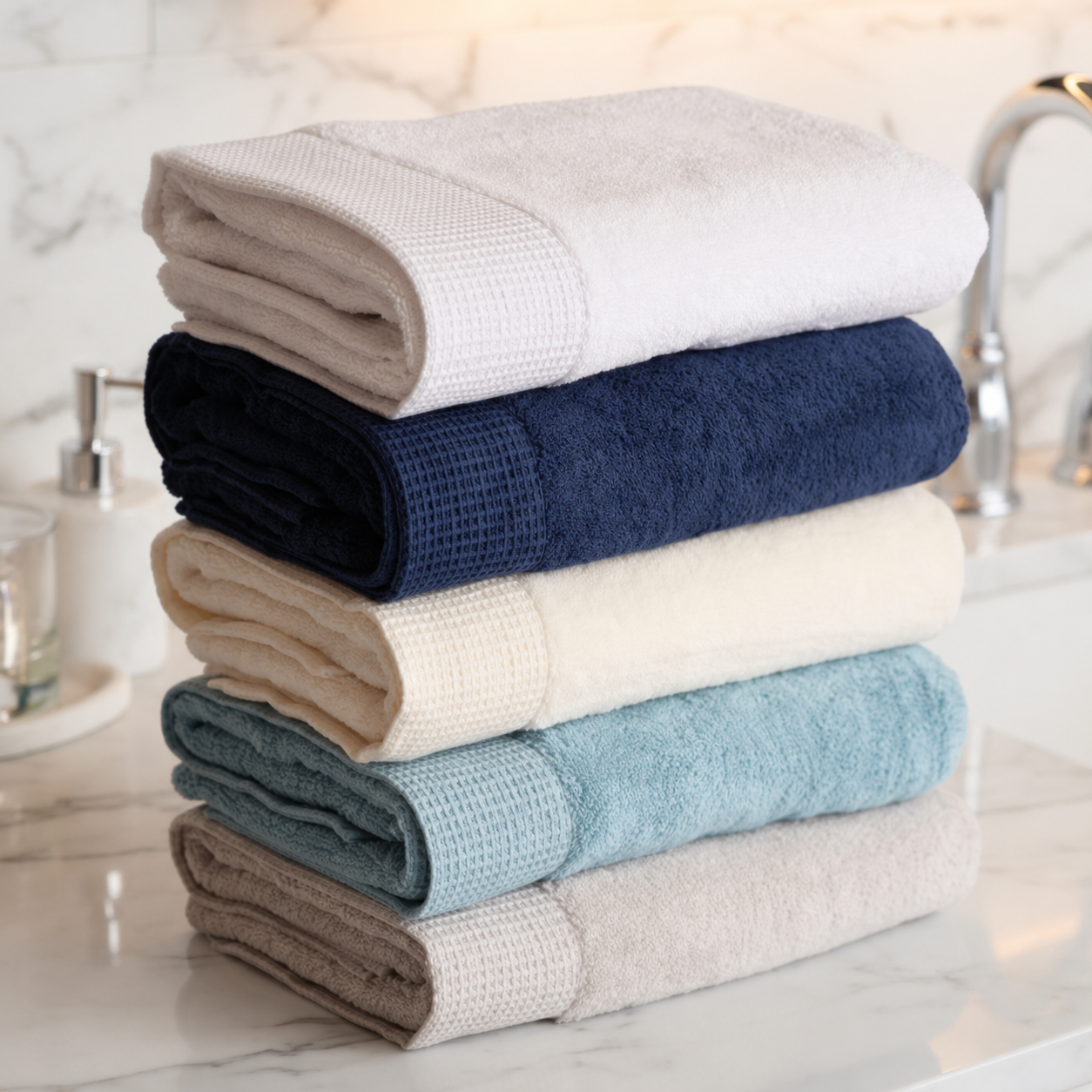 A stack of six folded towels in assorted neutral and pastel colors, including navy, cream, light blue, taupe, and off-white, arranged on a white marble bathroom counter next to a sink faucet.