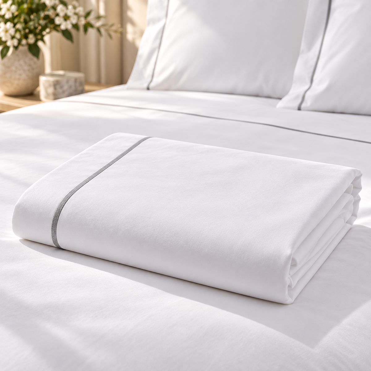 Folded white sheet with a grey border on a bed with matching pillowcases