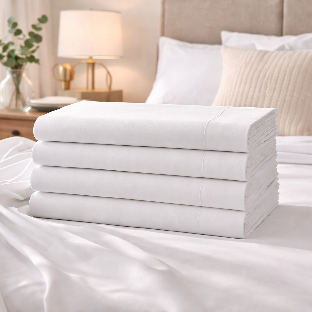 Stack of white folded towels on a neatly made bed in a bright bedroom.