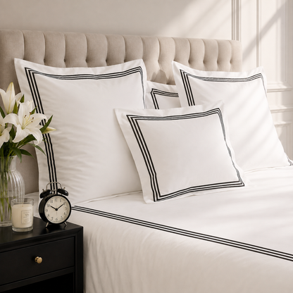 Milano Egyptian 800 Thread Cotton - White with Black Three Row Cord - Duvet Cover