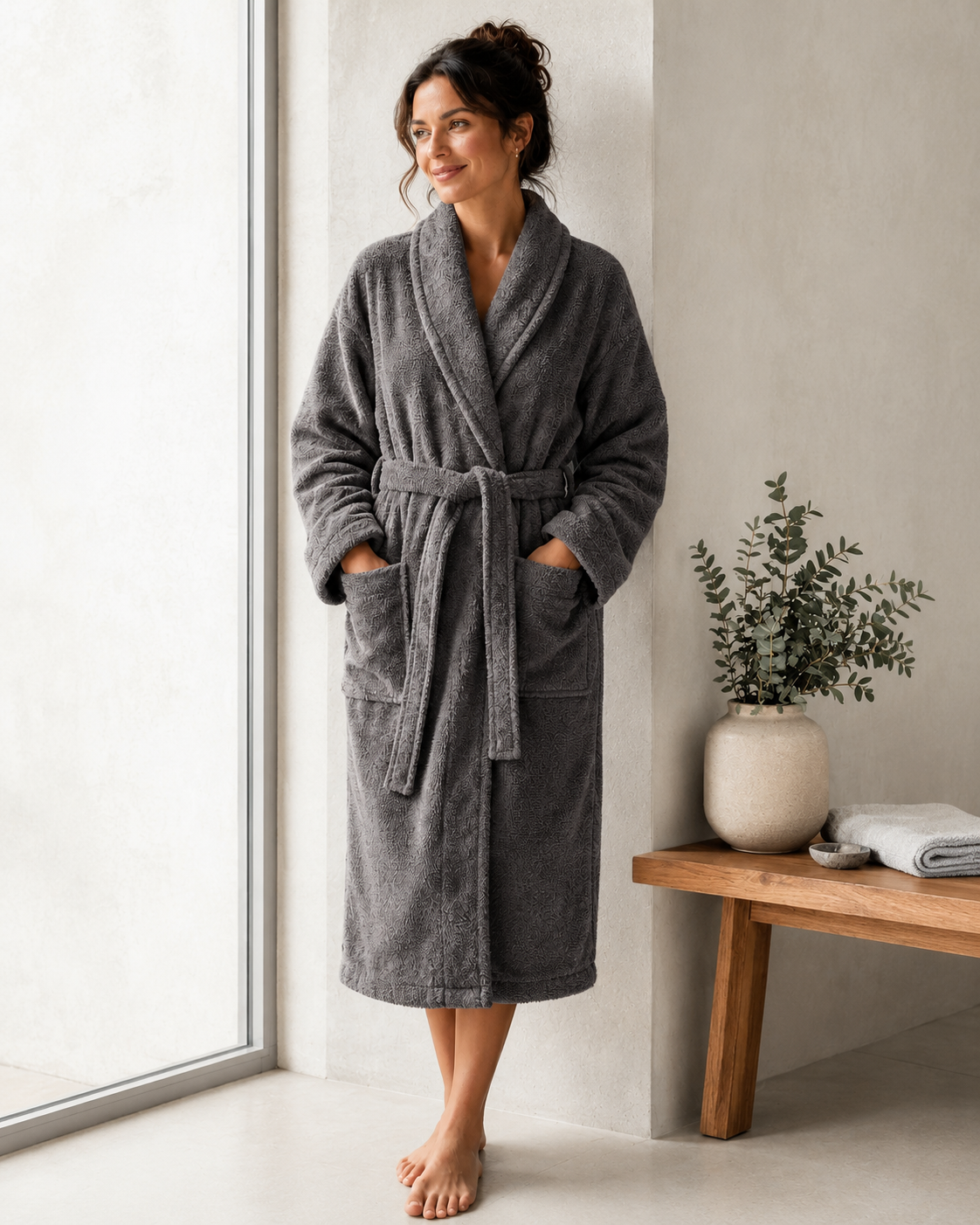 A woman wearing a plush, dark gray terry cloth bathrobe stands barefoot in a bright, modern bathroom setting next to a window, with a wooden bench and a ceramic vase with greenery in the background.