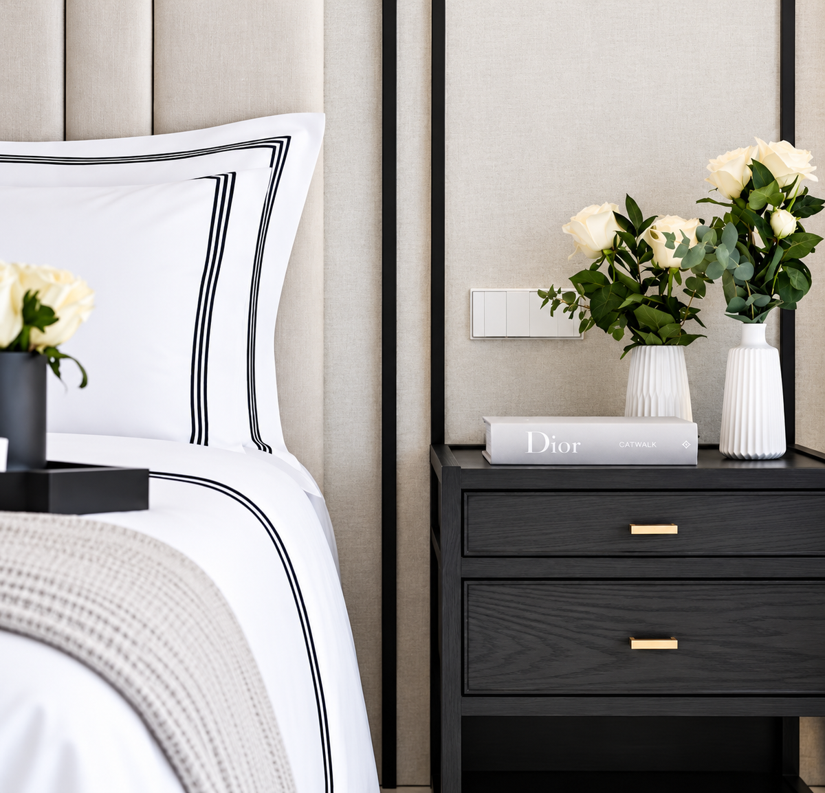 Milano Egyptian 800 Thread Cotton - White with Navy blue Three Row Cord - Pillowcase
