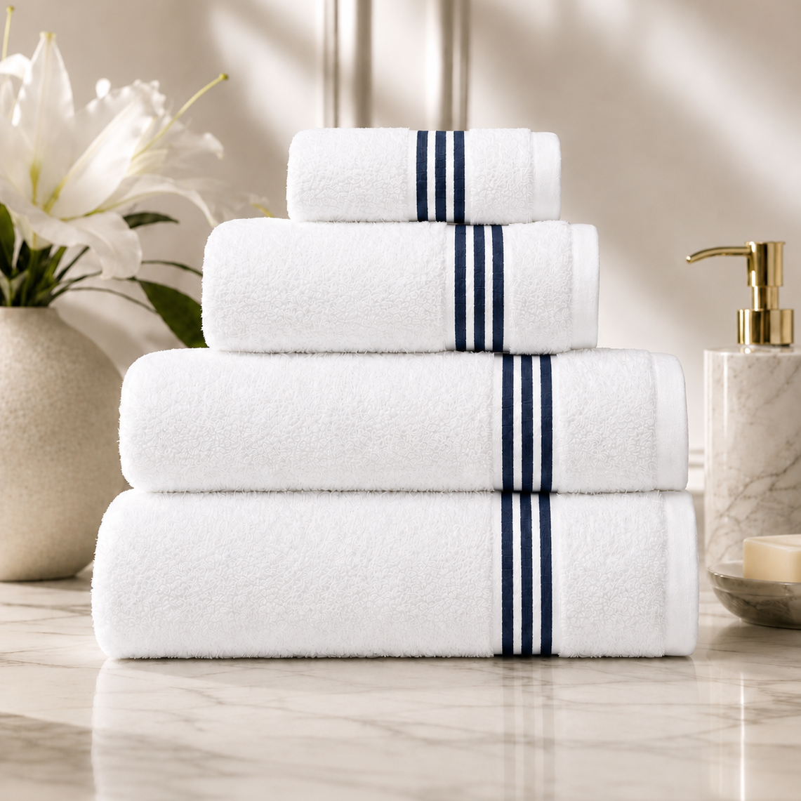 A stack of four white towels with navy blue stripe accents on the ends, arranged on a marble countertop with a vase of white lilies and a soap dispenser in the background.