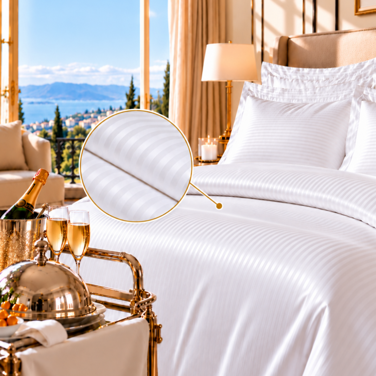 White striped bedding set on a bed in a luxury hotel room with a view of a lake and mountains, featuring a gold-framed magnifying glass inset showing the fabric texture.
