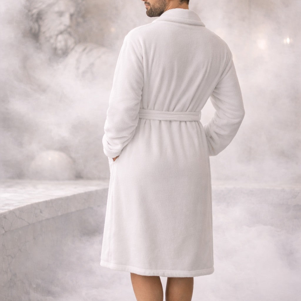 Man wearing a white bathrobe in a misty bathroom setting