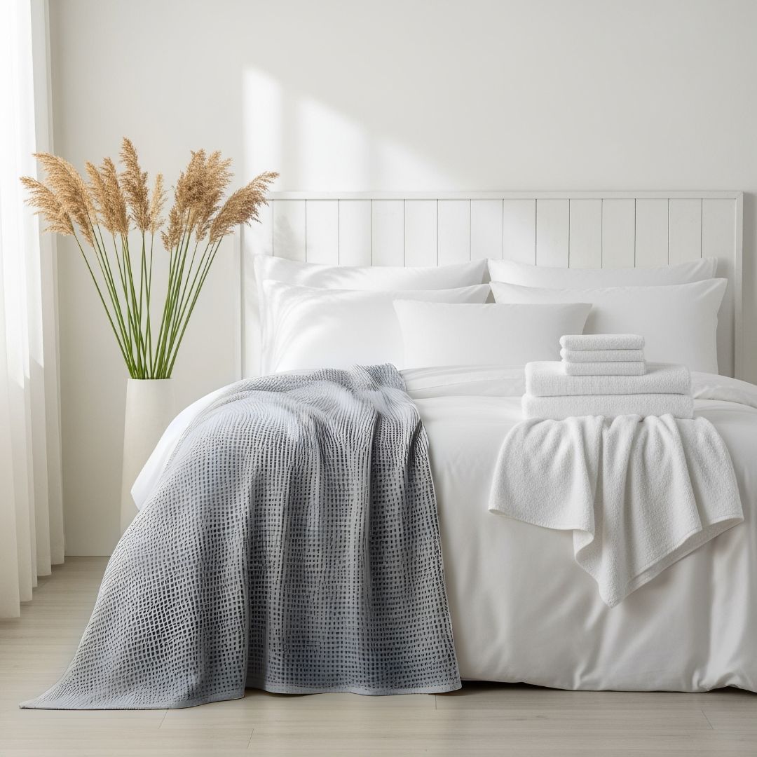 King of Cotton  bed with white bedding and a grey waffle throw blanket, accompanied by a vase of pampas grass.