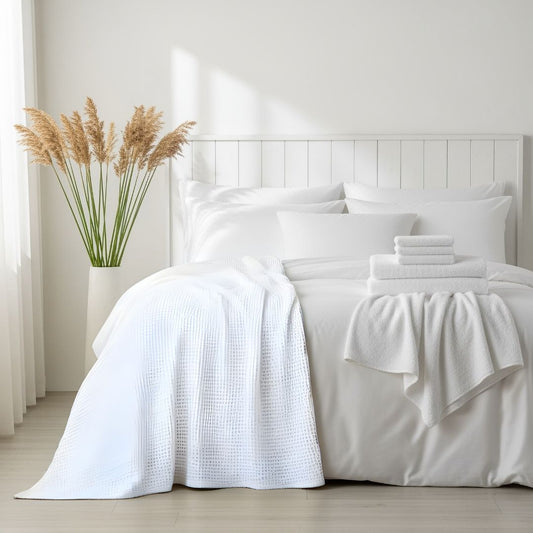 King of Cotton White bedding set with a white waffle throw blanket on a bed with a vase of pampas grass in the corner.