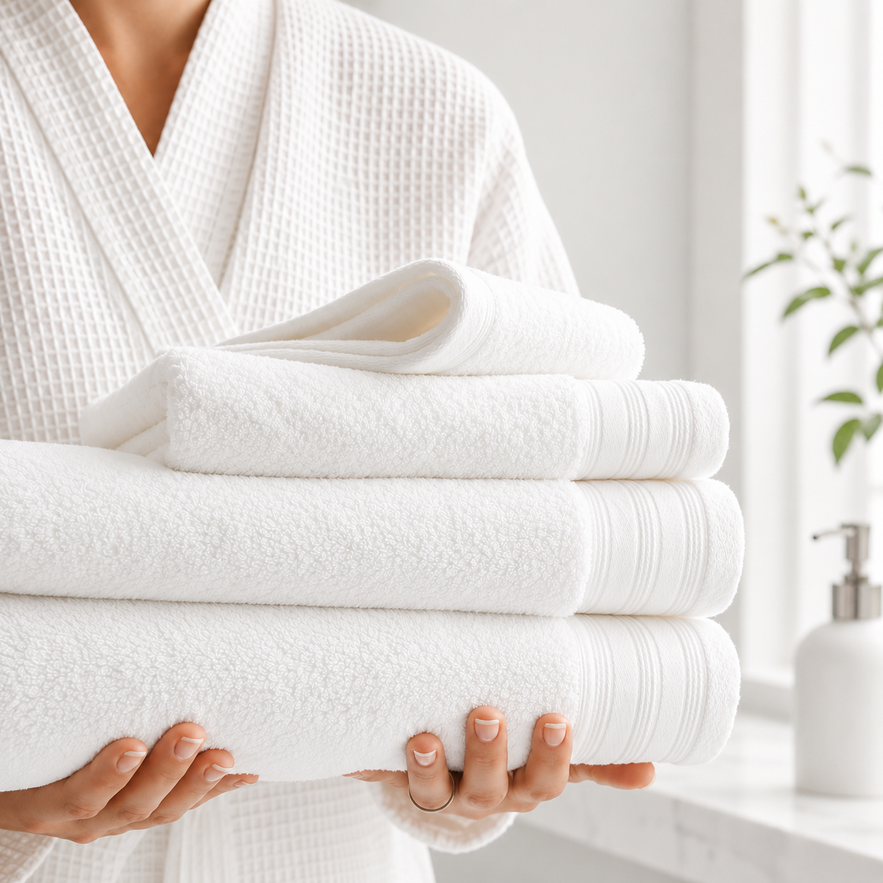 A person in a white waffle-textured robe holds a stack of folded white towels in a bright bathroom setting.