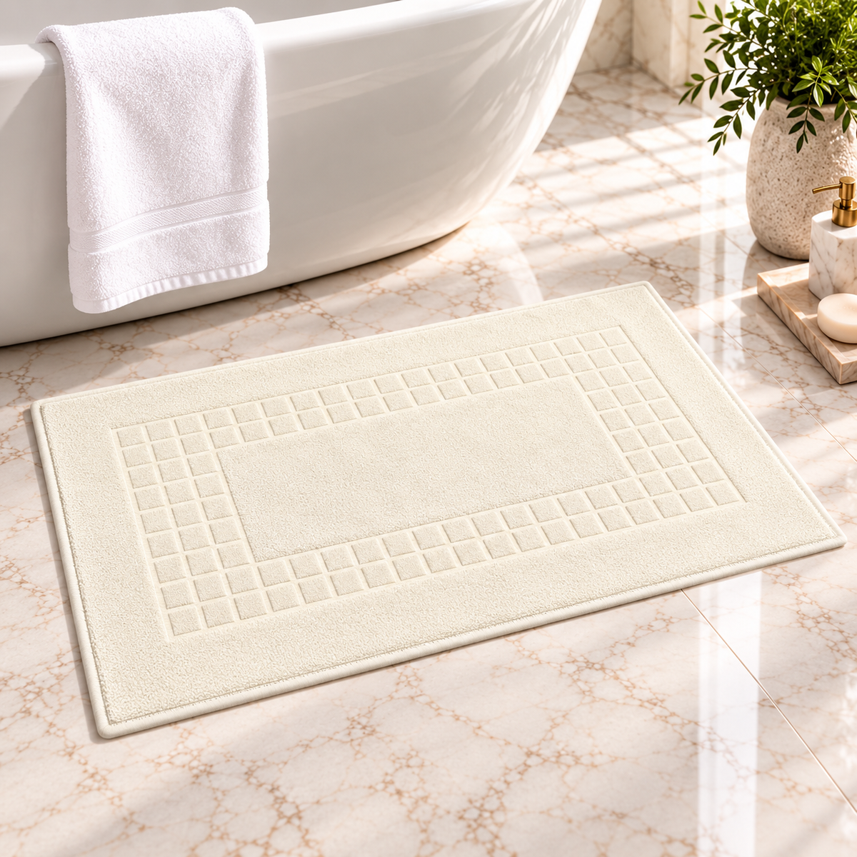 A rectangular cream-colored bath mat with a raised grid border, placed on a marble-look bathroom floor next to a white bathtub with a white towel draped over the edge.