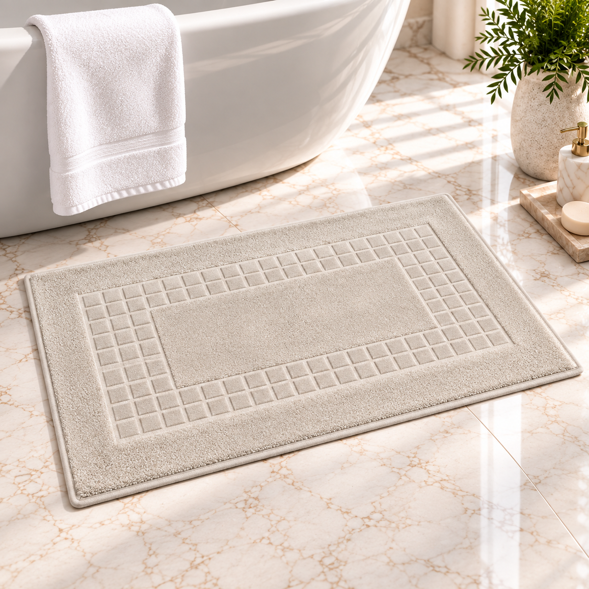 A rectangular beige bath mat with a raised grid border lies on a marble-look bathroom floor beside a white bathtub with a folded white towel, and a small plant and soap dispenser are visible in the room.