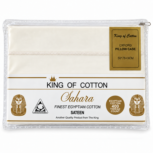 King of Cotton Sahara pillowcase in fine Egyptian cotton sateen, packaged in a clear zippered plastic bag with a white and gold label.