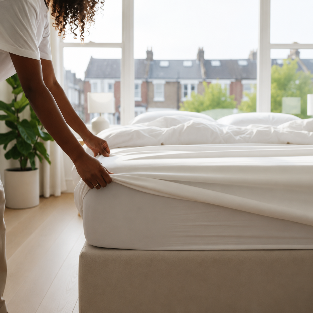 Person making a bed in a bright room with large windows.