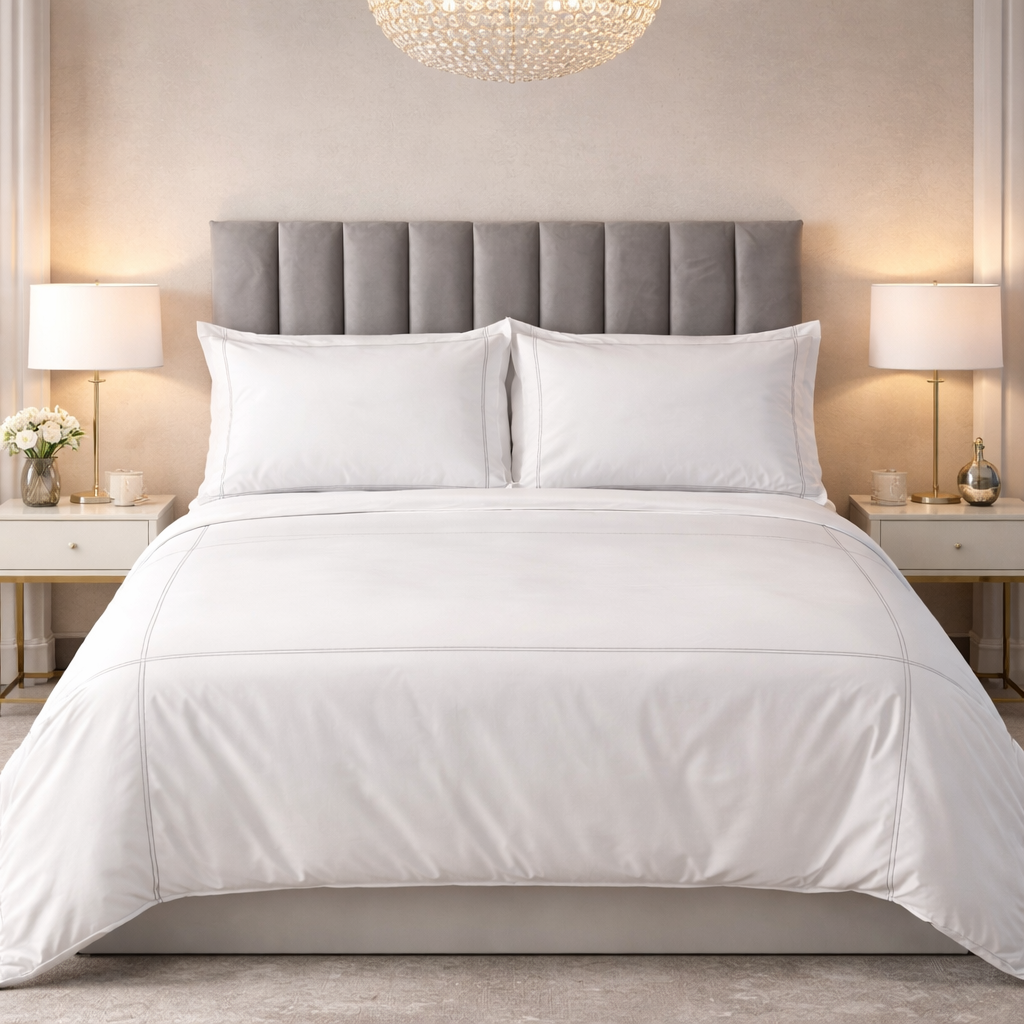 White bedding set on a bed with a gray headboard in a bedroom setting.
