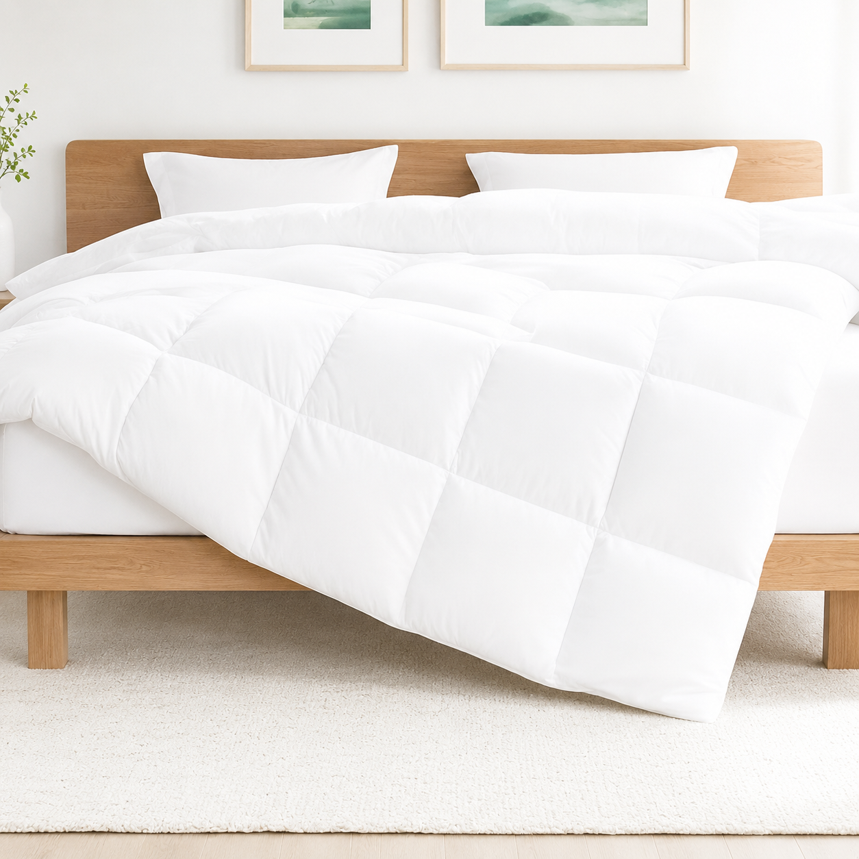 White comforter on a wooden bed with light-colored walls and framed pictures.