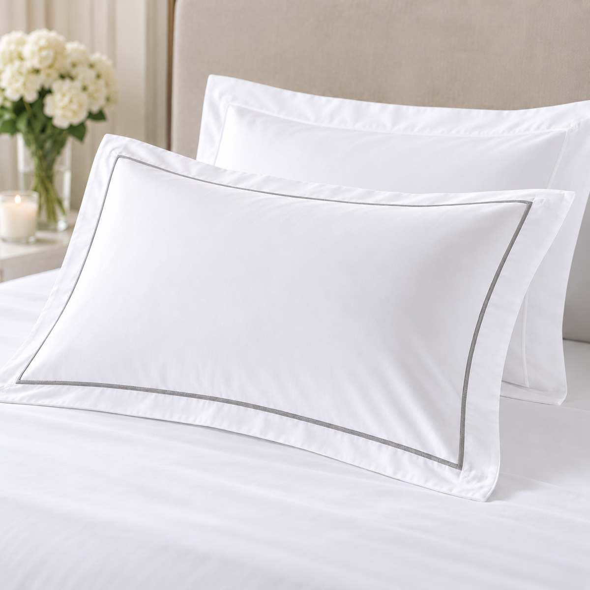 Two white pillowcases with a thin gray piping border, displayed on a white bed alongside a beige headboard and a vase of white flowers in the background.