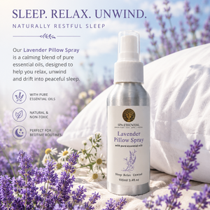 Lavender pillow spray bottle with lavender flowers and text on a natural background