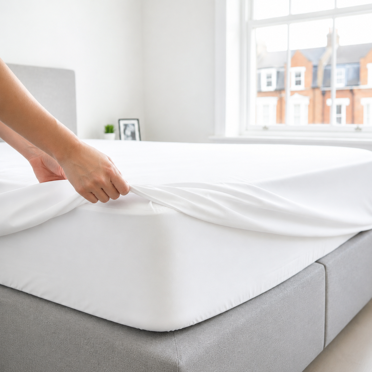 Person adjusting a fitted sheet on a bed in a bright bedroom.